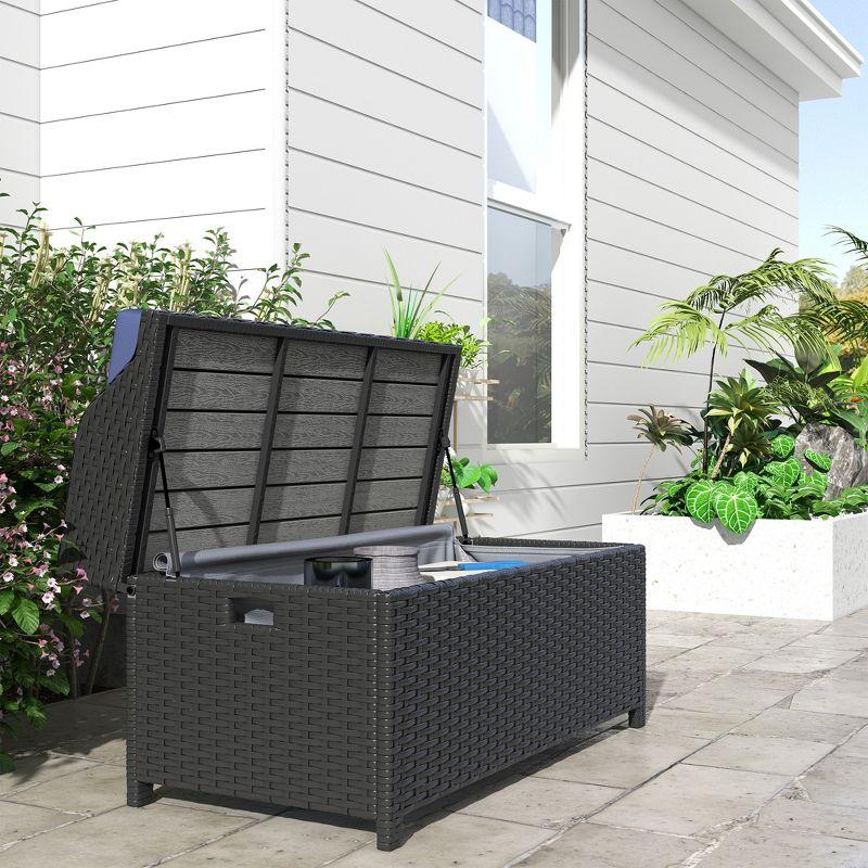 Outsunny Storage Bench Rattan Wicker Garden Deck Box Bin with Interior Waterproof Bag and Comfy Cushion, Navy Blue