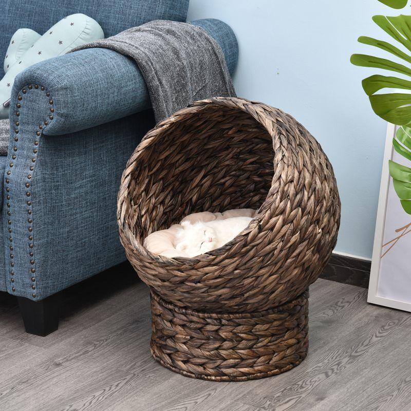 PawHut Weaved Elevated Cat Bed, Hand Made Braided Banana Leaf Pet House Nest with Cushion for Kitten, Puppy