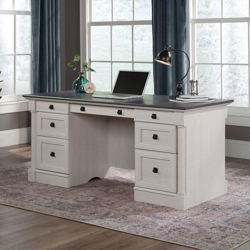Sauder Palladia 7Drawer Home Office Desk Glacier Oak: Executive Workspace, Keyboard Shelf, Metal Runners, Cable Management Grommets: Laminated MDF