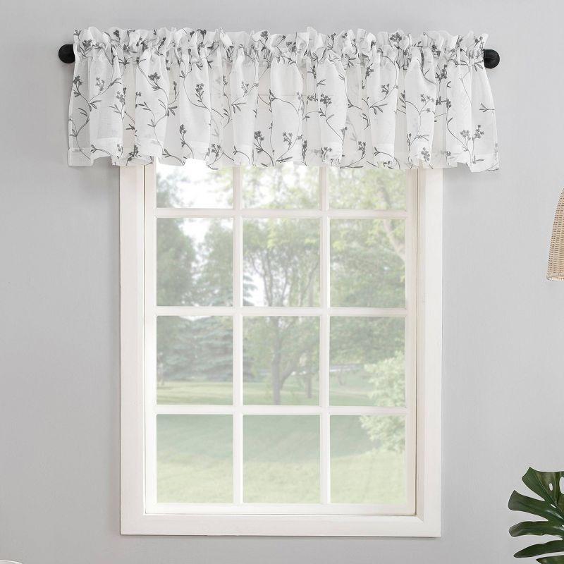 17"x50" Delia Embroidered Floral Sheer Rod Pocket Curtain Valance White/Gray - No. 918: Botanical Window Valance