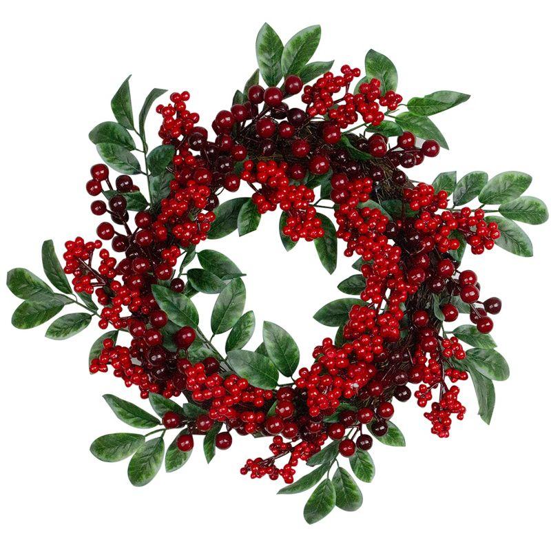 Red Berries and Two-Tone Green Leaves Artificial Christmas Wreath - 18-Inch Unlit