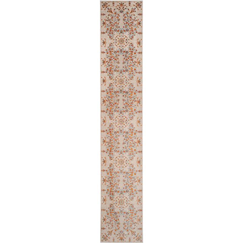 Gray and Beige Floral Motif Synthetic Runner Rug