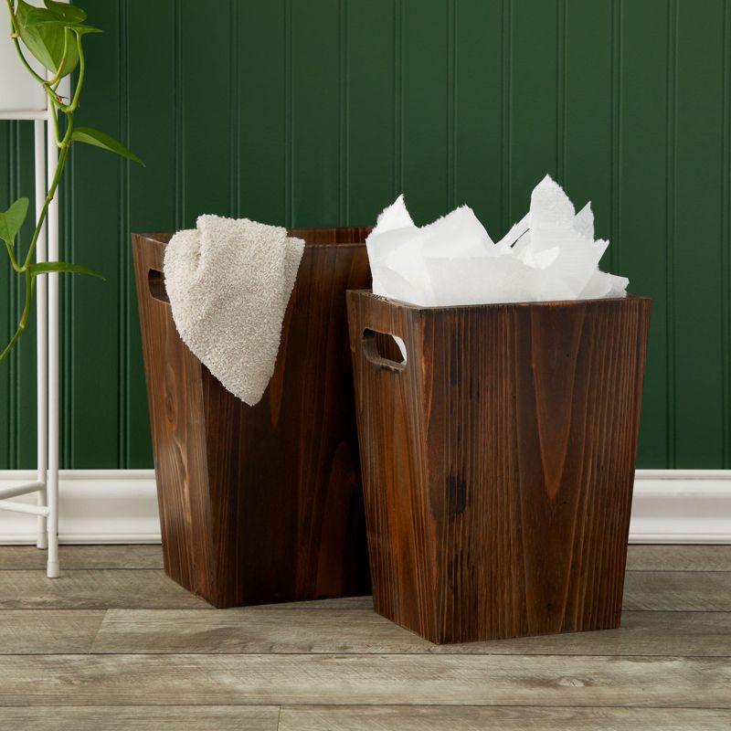 2 Piece Rustic Style Wood Trash Can Set, Farmhouse Square Wastebasket Bin with Handles for Home or Office (Brown, Small & Large)