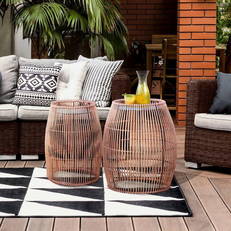 Bay Isle Home™ Bamboo Drum Side Table with Black Iron Top – Weather-Resistant Open Weave Accent Table