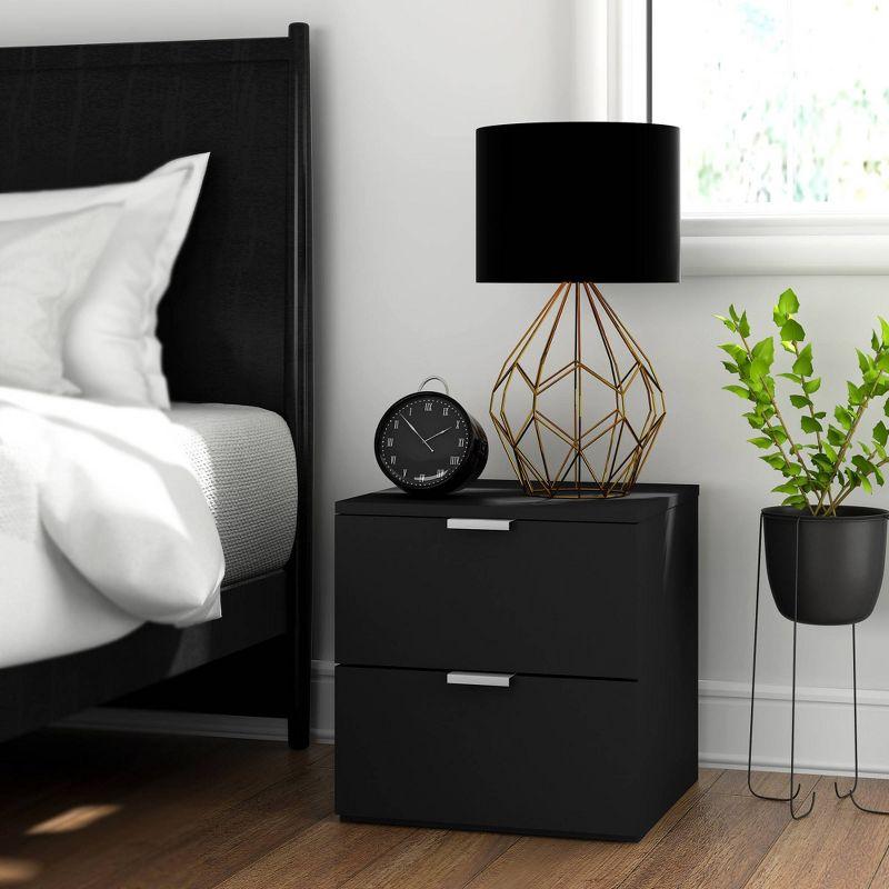 Matte Black Wood 2-Drawer Nightstand with Silver Pulls