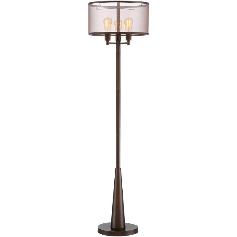 Franklin Iron Works Durango Rustic Farmhouse Floor Lamp 62" Tall Oiled Bronze Metal 3 Light LED Brown Sheer Drum Shade for Living Room Bedroom Office