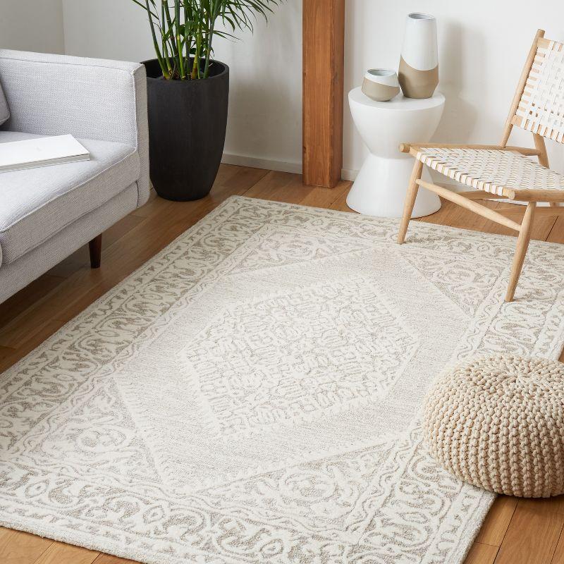 Ivory Floral Hand-Tufted Wool Square Area Rug