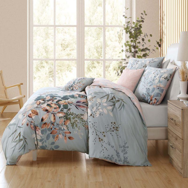 Bebejan Peach Leaves on Sage 100% Cotton 5-Piece Reversible Comforter Set - Queen