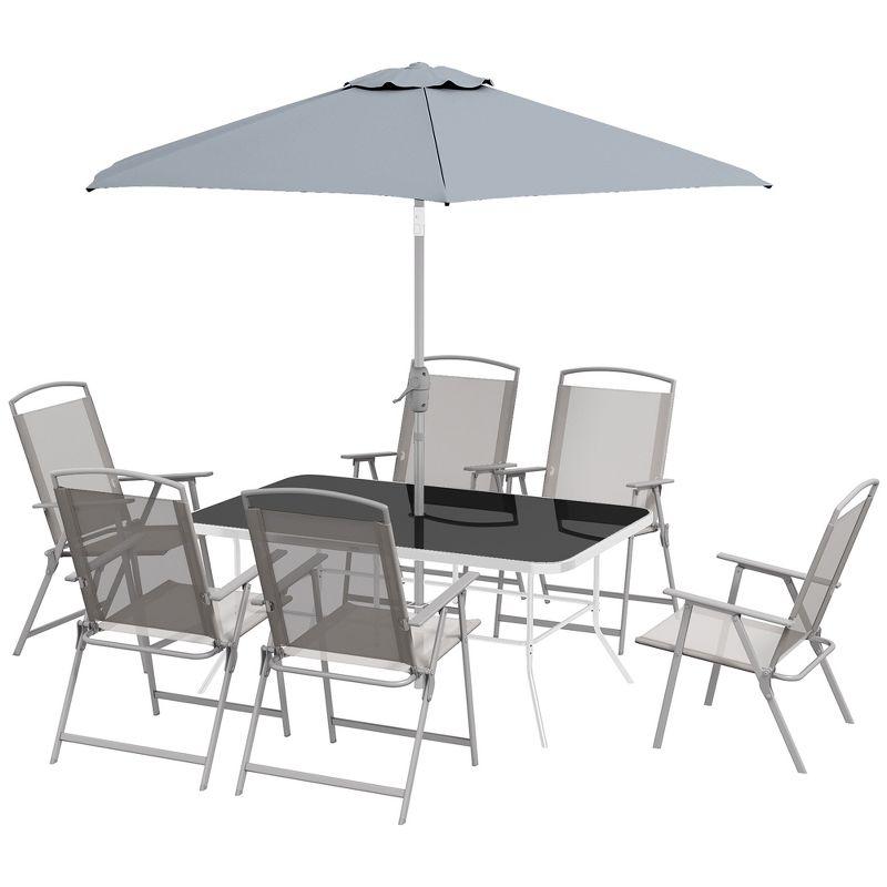 Outsunny 8 Piece Patio Dining Set with Table Umbrella, 6 Folding Chairs and Rectangle Dining Table, Outdoor Patio Furniture Set