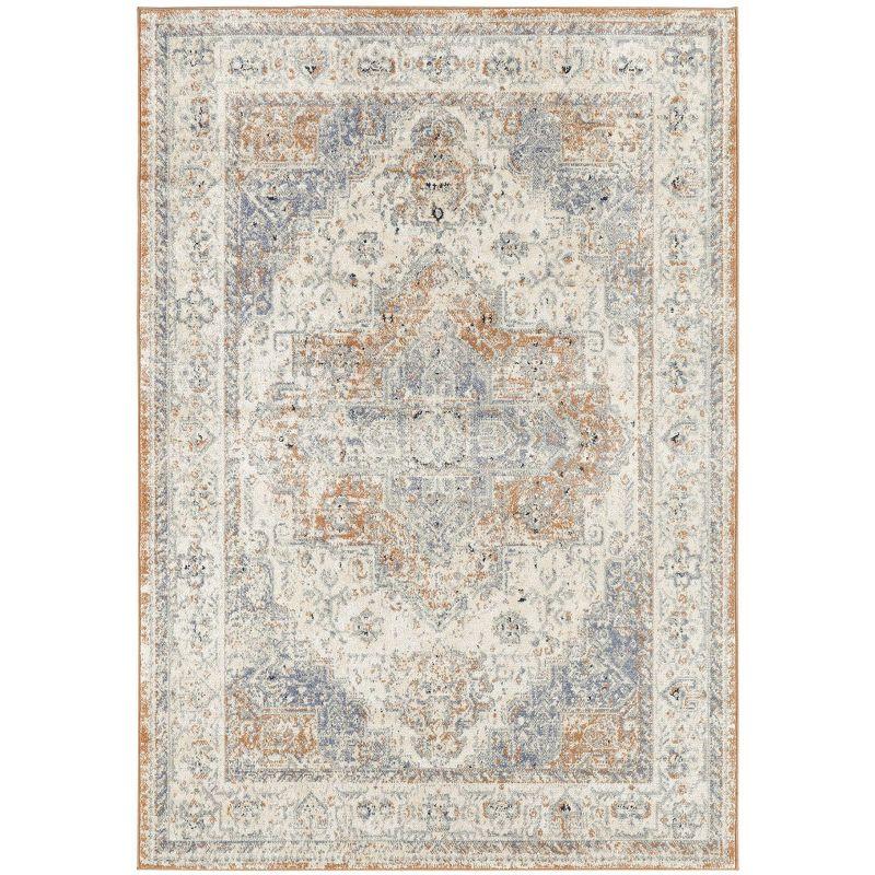 Beige Blue Rectangular 5' x 7' Synthetic Outdoor Rug