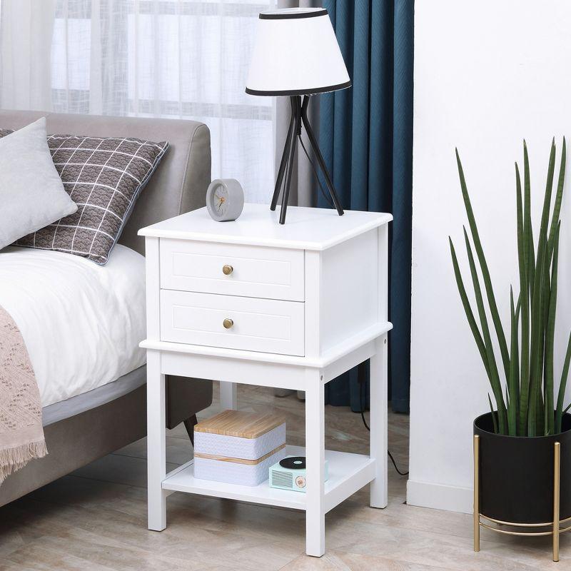 Modern White Wood Side Table with Storage Drawers and Shelf