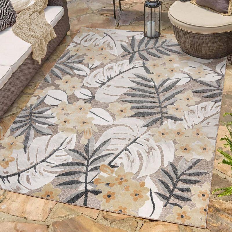 Gray and Yellow Floral Synthetic Indoor/Outdoor Area Rug