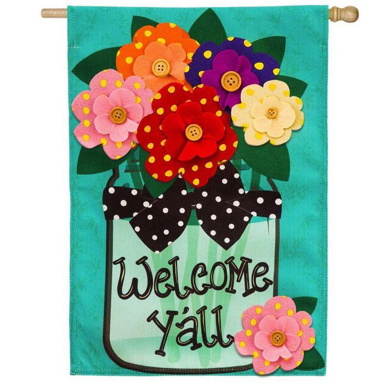 Welcome Y'all Polka Dot Flowers Burlap Garden Flag