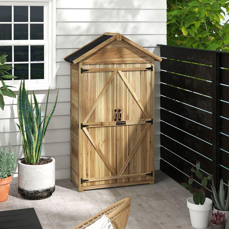 Outsunny Outdoor Storage Cabinet with Asphalt Roof, Wooden Garden Shed with Lockable Doors and Shelves, Wood Tool Shed for Backyard, Patio, Natural