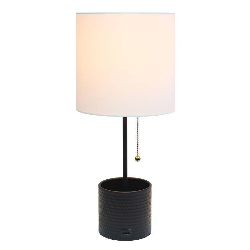 Black Hammered Metal Table Lamp with USB Port and White Shade