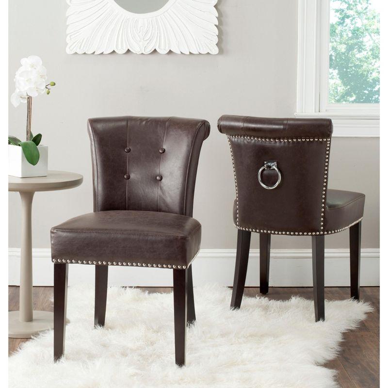 Transitional Antique Brown Leather Parsons Chair with Silver Accents - Set of 2