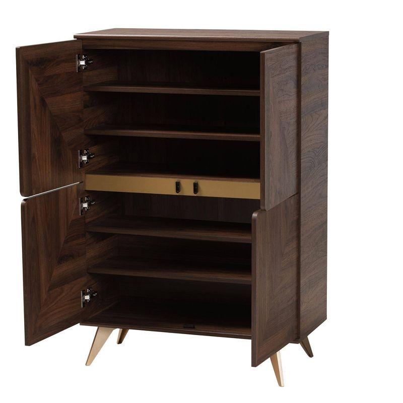 Graceland Wood Shoe Cabinet Walnut Brown/Gold - Baxton Studio: Mid-Century Design, 6 Shelves, Organizes 18 Pairs