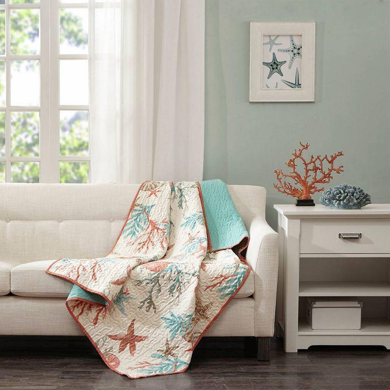 Oversized Aqua and Coral Cotton Quilted Throw