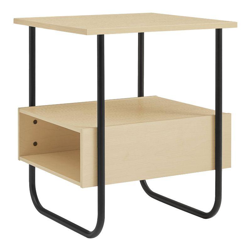 Light Maple and Black Metal Modern End Table with Open Shelf