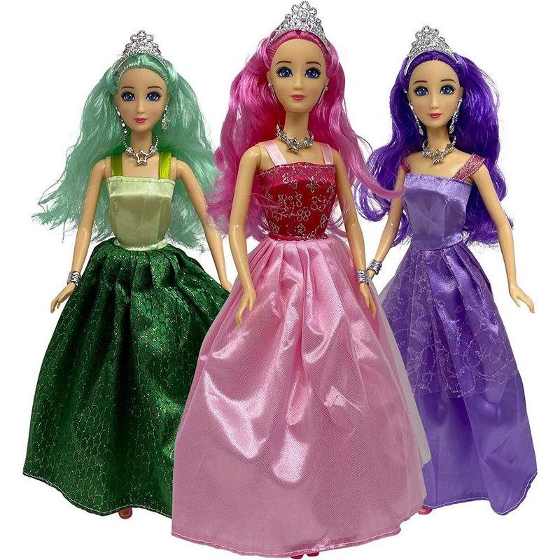 Set of Three 11.5" Princess Dolls with Colorful Gowns