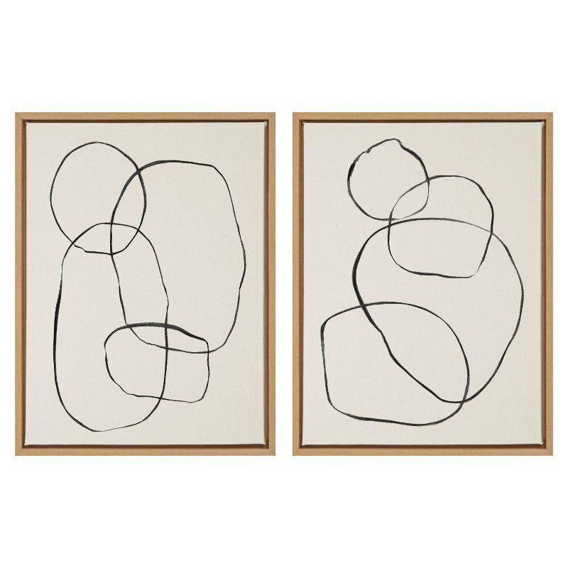 Set of 2 Abstract Black and White Canvas Art with Natural Frames