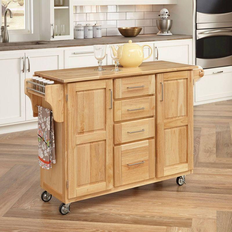 Natural Oak Drop-Leaf Rectangular Kitchen Cart with Spice Rack and Storage