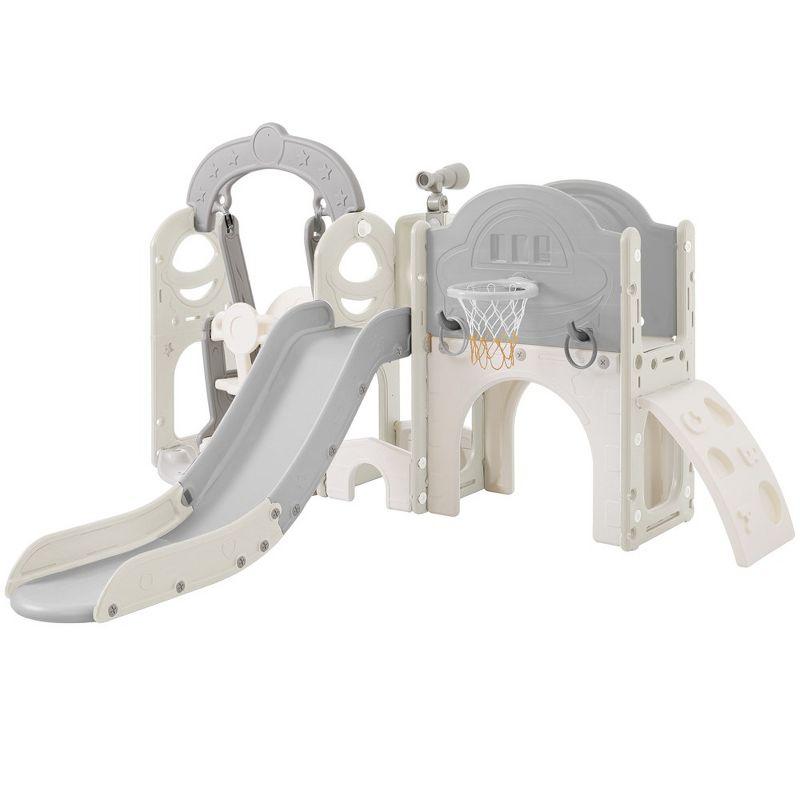 7-in-1 Kids Slide And Swing Set, Toddler Freestanding Slide Playset With Basketball Hoop, Climbing Frame And Telescope