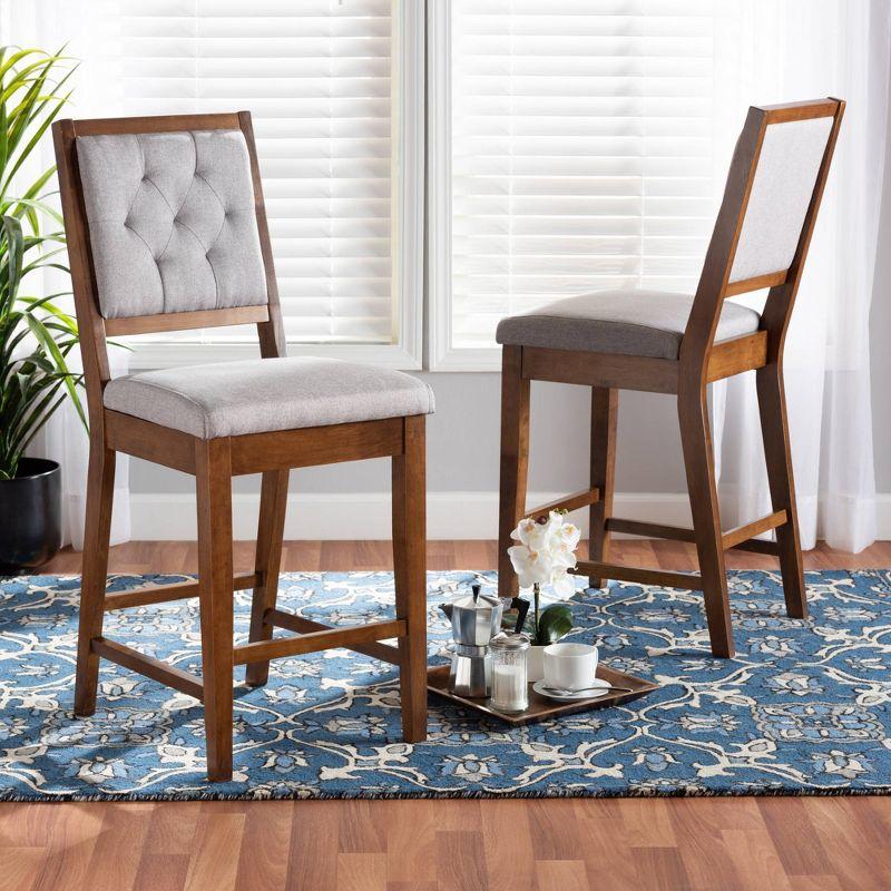 2pc Gideon Fabric Upholstered and Wood Counter Height Barstool Set Gray/Walnut Brown - Baxton Studio: Polyester, Fixed Height, Rectangle Shape