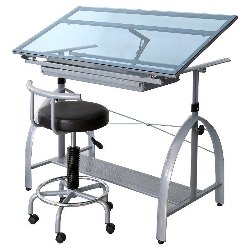 Avanta 42'' Silver Steel Drafting Table with Blue Glass Top