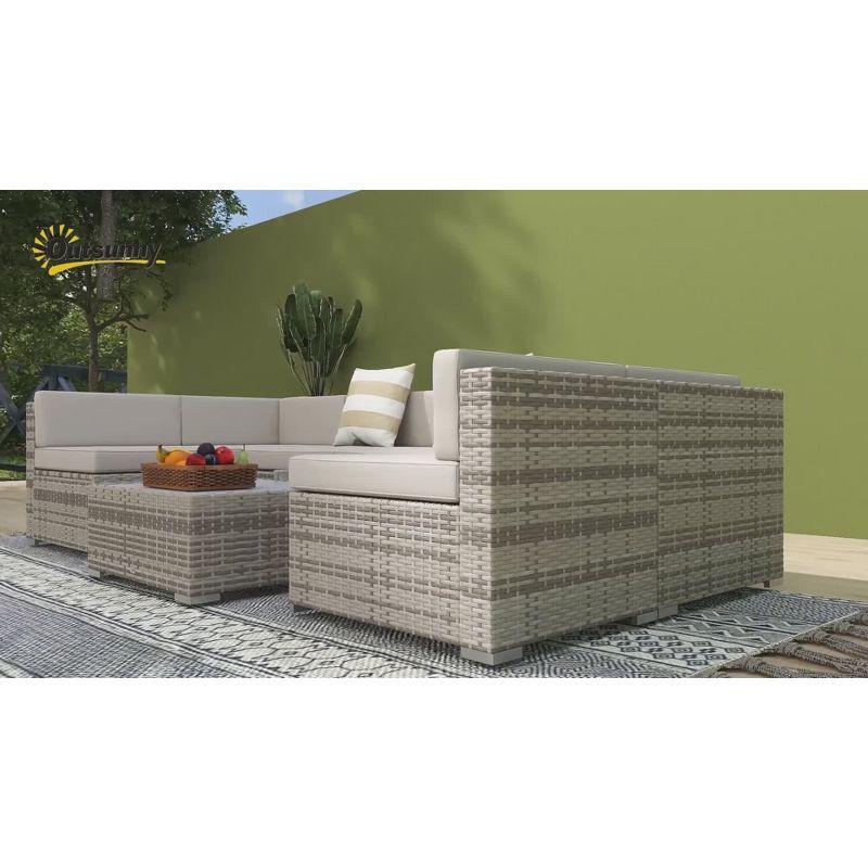Outsunny 7-Piece Patio Furniture Set, Outdoor Wicker Conversation Set, All Weather PE Rattan Sectional Sofa w/ Faux Wood Table, Stripe Pillows, Beige