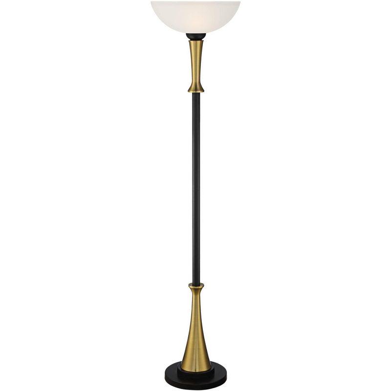Possini Euro Design Burbank Modern Art Deco Torchiere Floor Lamp 70" Tall Black Brass Frosted White Glass Shade for Living Room Bedroom Office House