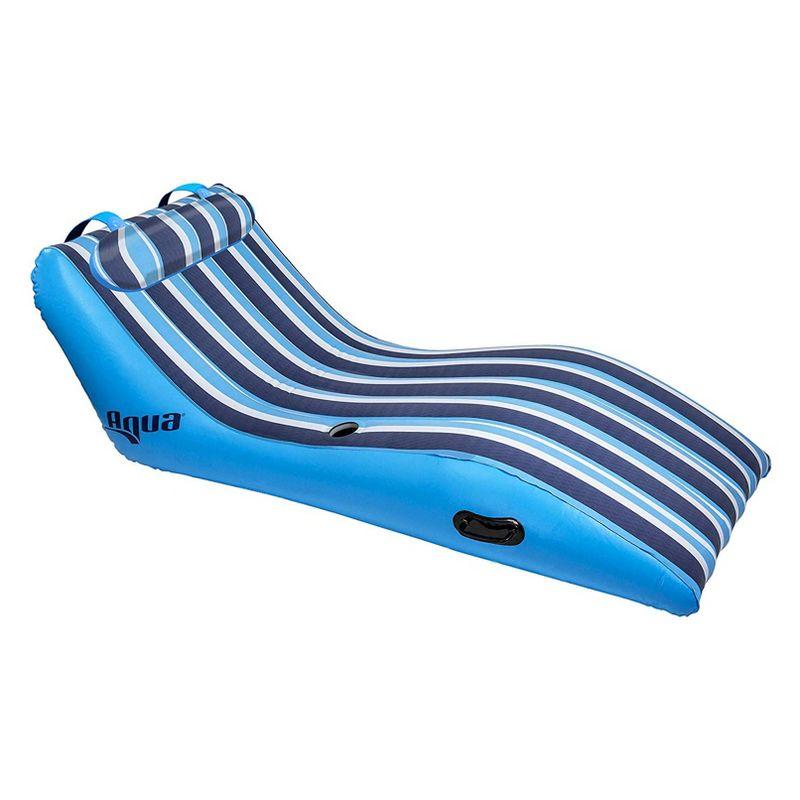 Blue Striped Inflatable Pool Lounger with Pillow Headrest