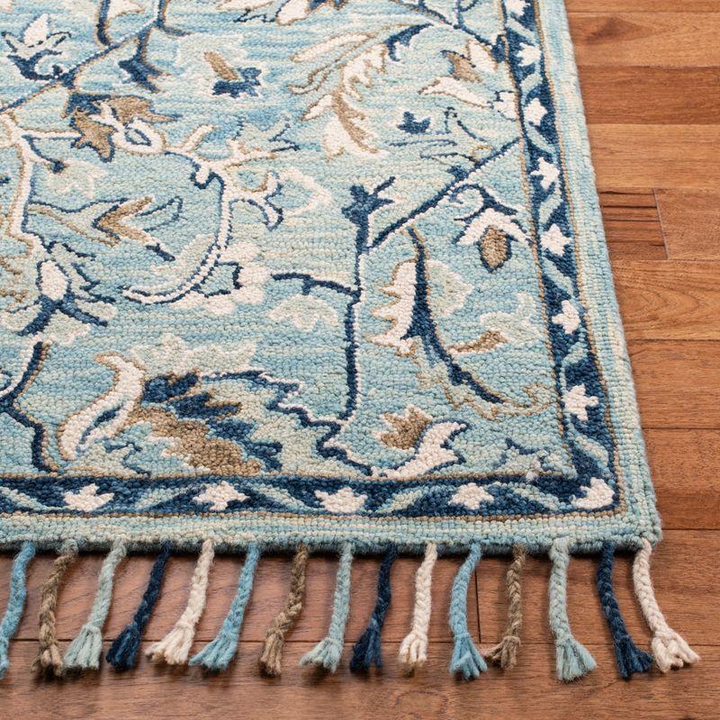 Premium Wool Blue/Ivory Floral Fringed Runner Rug, 2'3" x 12'