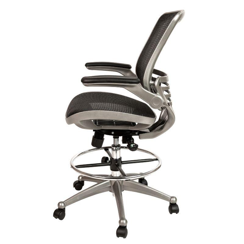Flash Furniture Mid-Back Transparent Black Mesh Drafting Chair with Graphite Silver Frame and Flip-Up Arms