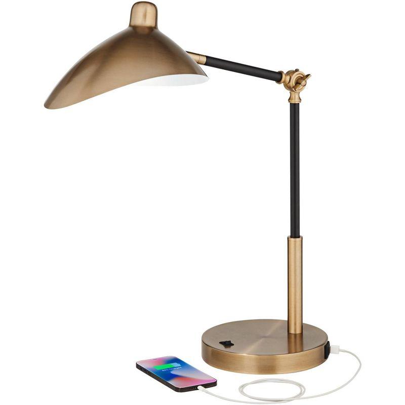 360 Lighting Colborne Modern Mid Century Desk Table Lamp 28" Tall Antique Brass Black with USB Charging Port LED for Bedroom Living Room Bedside Kids