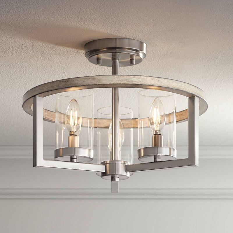 Senna Brushed Nickel and Gray Wood 17" Drum Ceiling Light with Clear Glass