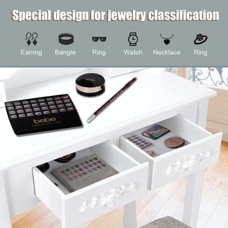 Costway Vanity Wood Makeup Dressing Table Stool Jewelry Desk 4 White