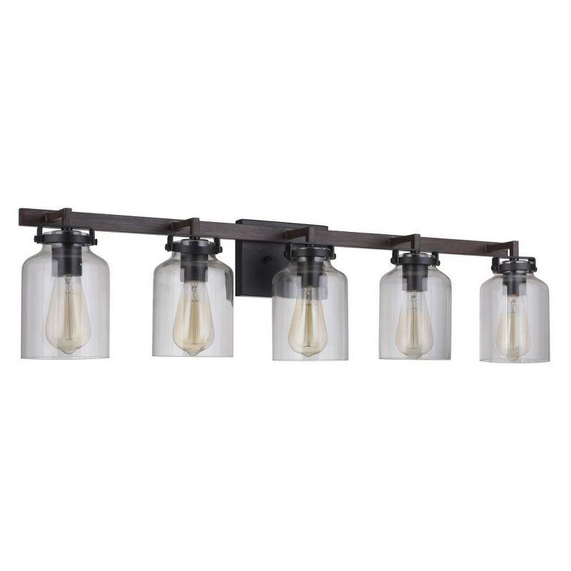 Foxwood 5-Light Flat Black and Dark Teak Vanity Light with Clear Glass Shades