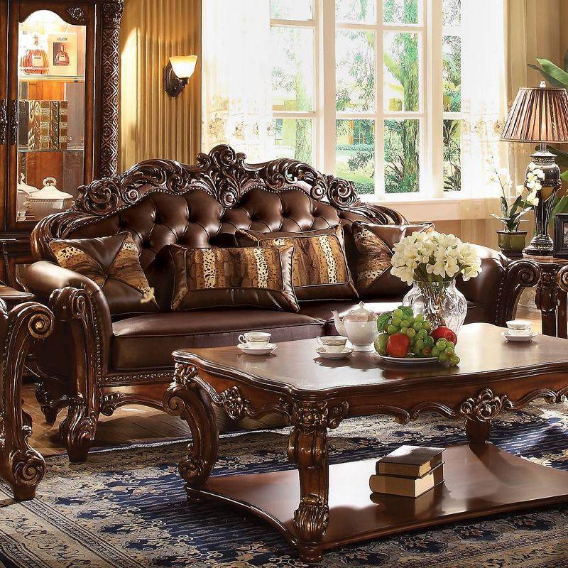 96" Vendome PU Sofa Cherry - Acme Furniture: Traditional Crescent, Nailhead Trim, Includes 3 Pillows