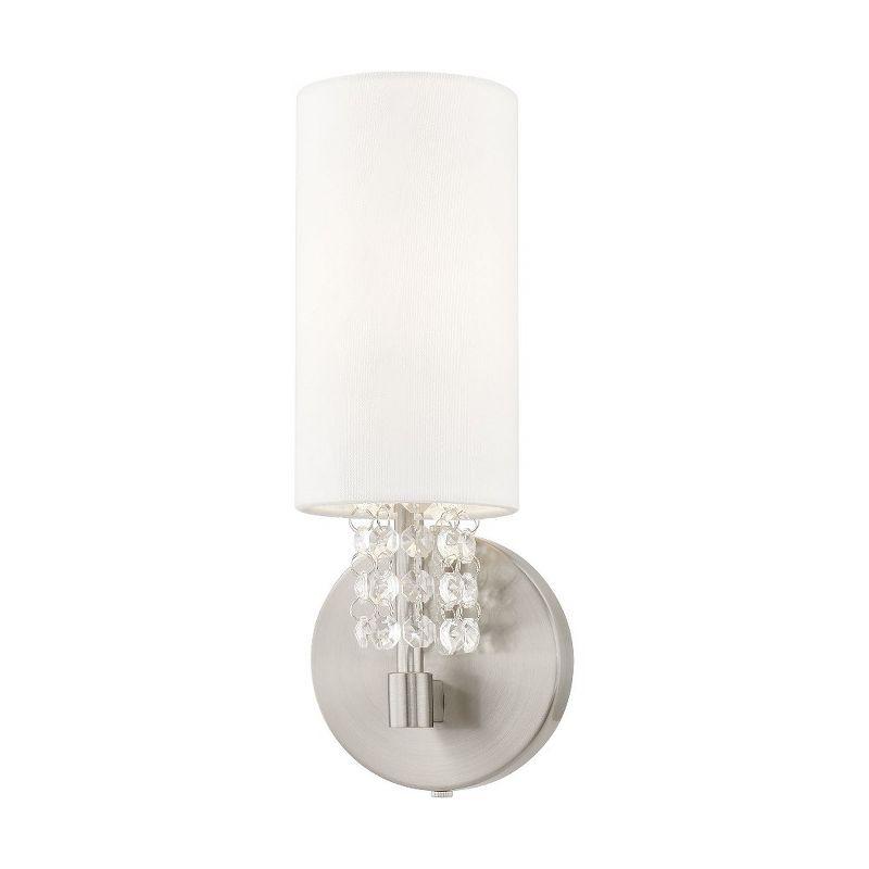 Brushed Nickel Crystal Sconce with White Fabric Shade