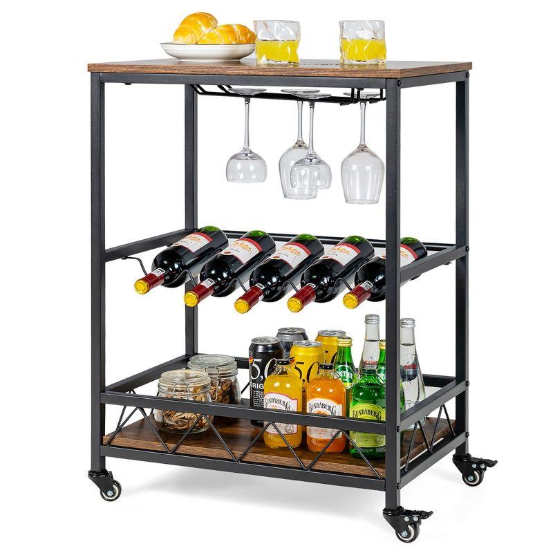 Rustic Brown and Black Rolling Bar Cart with Wine Rack