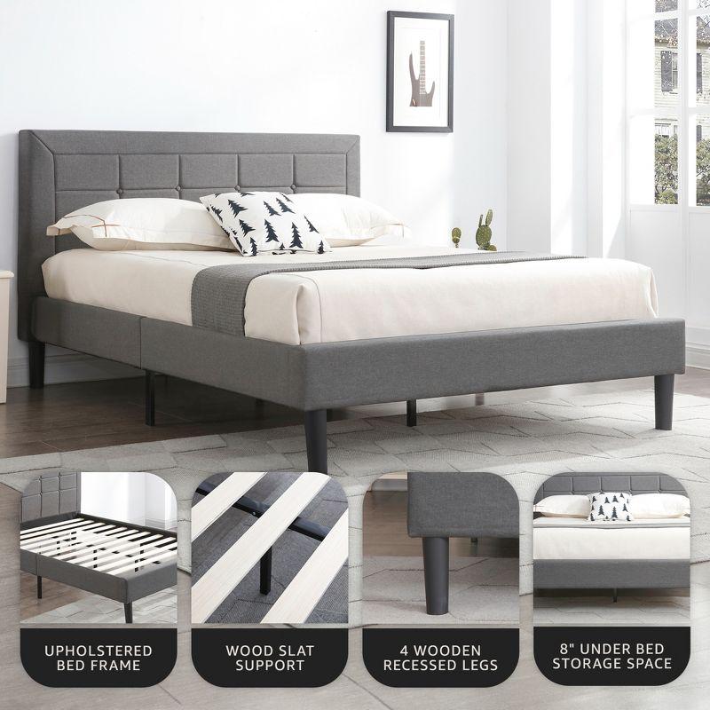 DeCoro Mornington Upholstered 2.0 Platform Full Size Bed Frame with Headboard for Indoor Use, Bedrooms, and Sleep Essentials, Queen, Grey