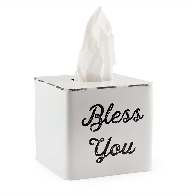 White Enamelware Square Tissue Box Cover with Bless You Text