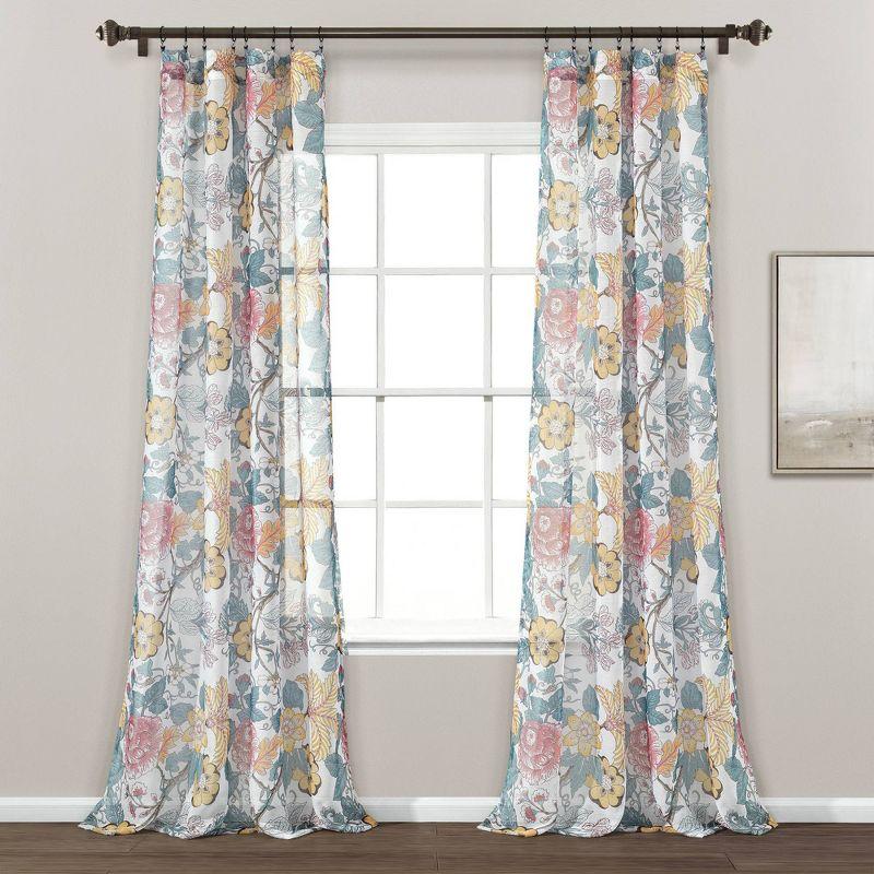 Sydney Blue and Yellow Sheer Floral Polyester Curtain Panels