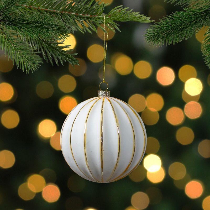 4" Glittered White and Gold Striped Glass Christmas Ball Ornament