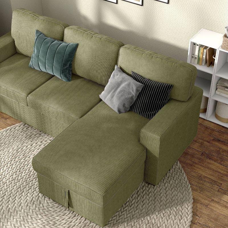 HOMES: Inside + Out Paeke Sleeper Sectional Sofa Corduroy with Storage Chaise and Reversible Green