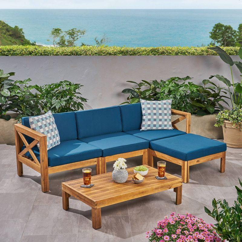 Teak Finish Acacia Wood 5pc Outdoor Sofa Set with Dark Teal Cushions