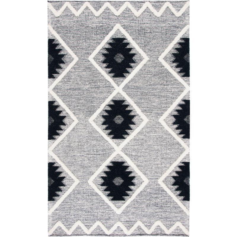 Black and Ivory Geometric Wool Hand-knotted Rug, 3' x 5'