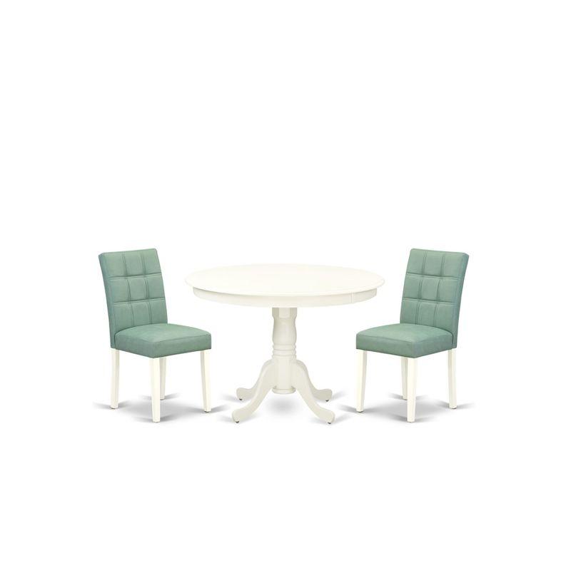 Linen White Round Table with Willow Green Faux Leather Chairs