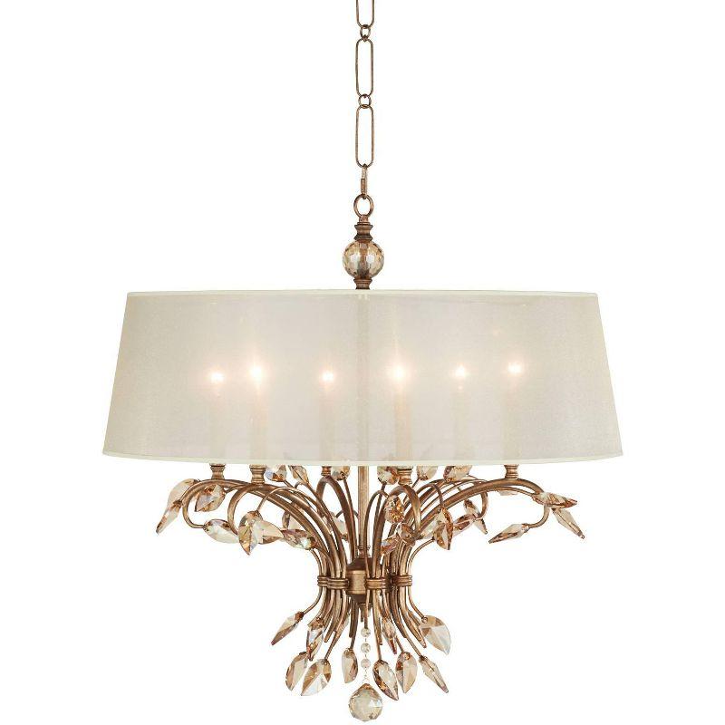 Burnished Gold 29" Chandelier with Crystal Leaves and Sheer Shade